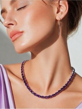 AAA African Amethyst Tennis Necklace set in rhodium over 925 Sterling Silver.